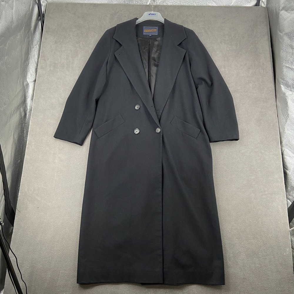 Pendleton Overcoat Womens 12 Black Merino Wool Lined Double Breasted Notch Lapel